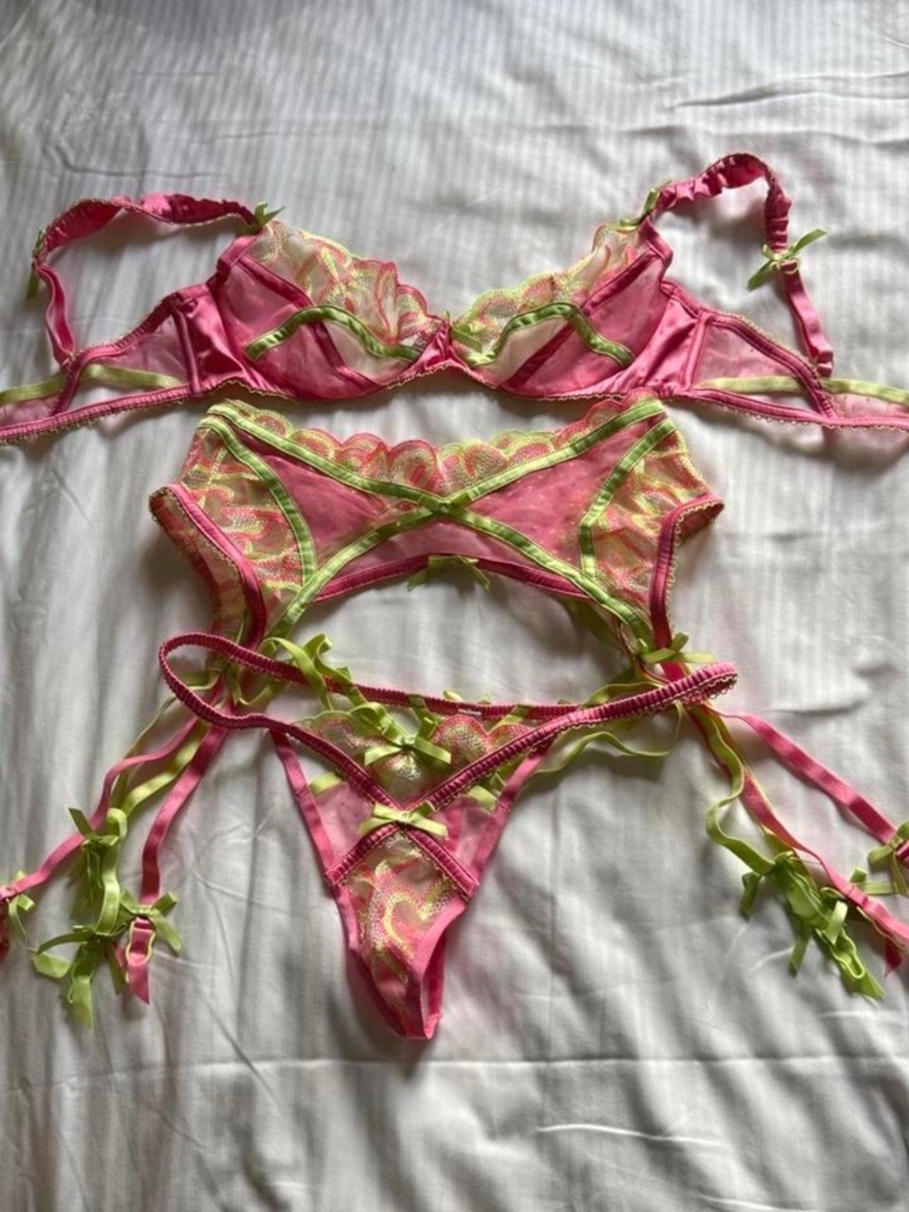 For Love & Lemons Pink & Green Floral Embroidered 3-Piece Lingerie Set